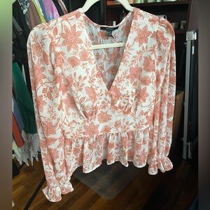 Forever 21 Orange & Pink Floral Cream V-Neck Ruffle Blouse